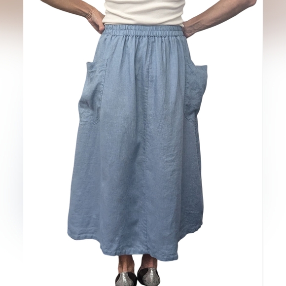 Lintico 100% Linen Blue Midi Skirt with Pockets Cottagecore Sz Small - Picture 3 of 9